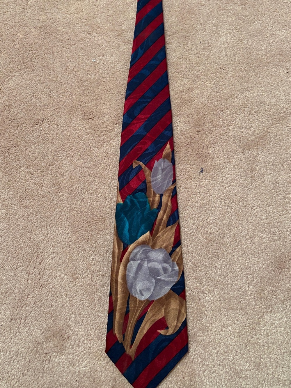 Men's Striped Floral Tie in Red and Navy with Gold Accents